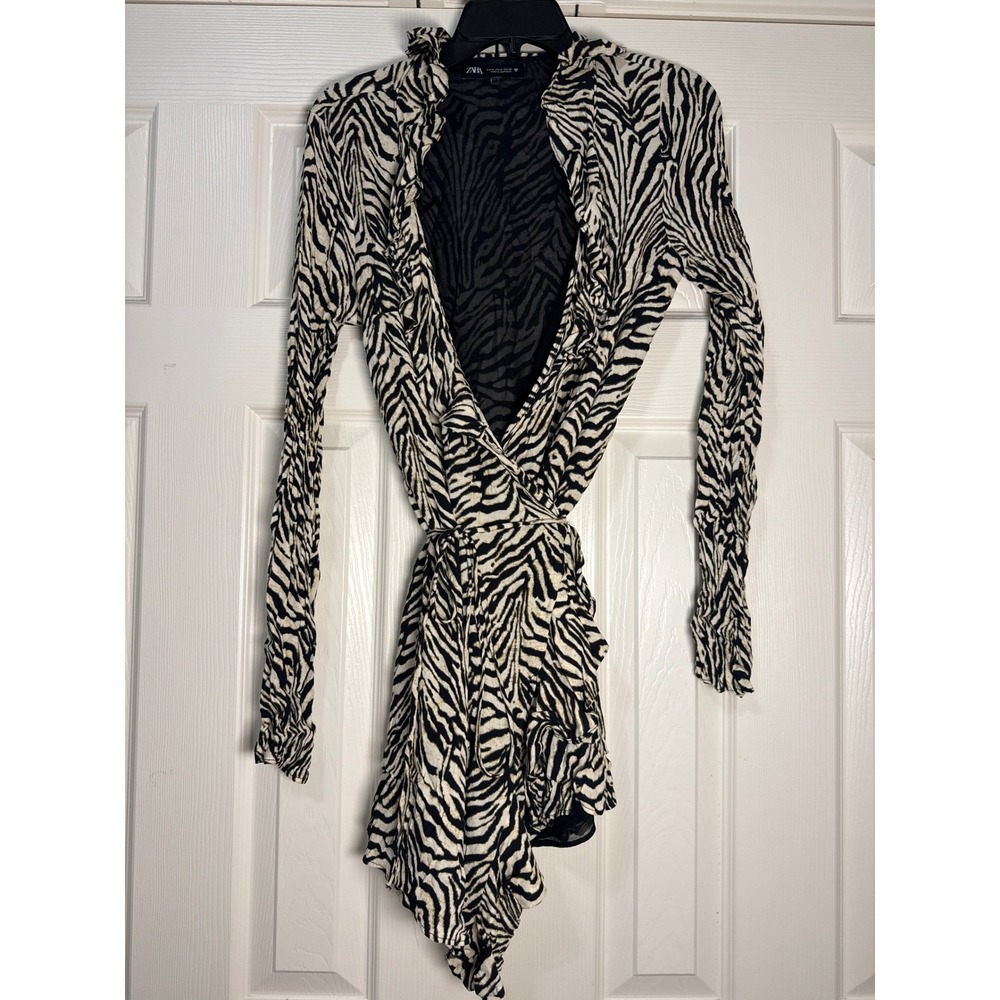 Zara Zebra Print Ruffle Wrap Mini Dress Long Sleeve Black Cream Size Medium